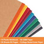 10 Pack Composition Journals Notebook, Kraft Notebooks with Rainbow Spines, Brown Soft Cover A5 Notebooks 5.5” x 8.3” 60 Pages, Lined Paper for School, Office, or Home