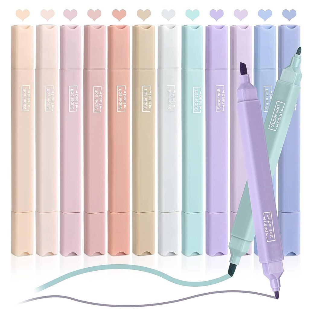 12 Pack Aesthetic Cute Highlighters Assorted Colors Pastel Pens with Soft Chisel Tip Marker Pens No Bleed Bible Highlighters for Journaling Notes School Office Supplies