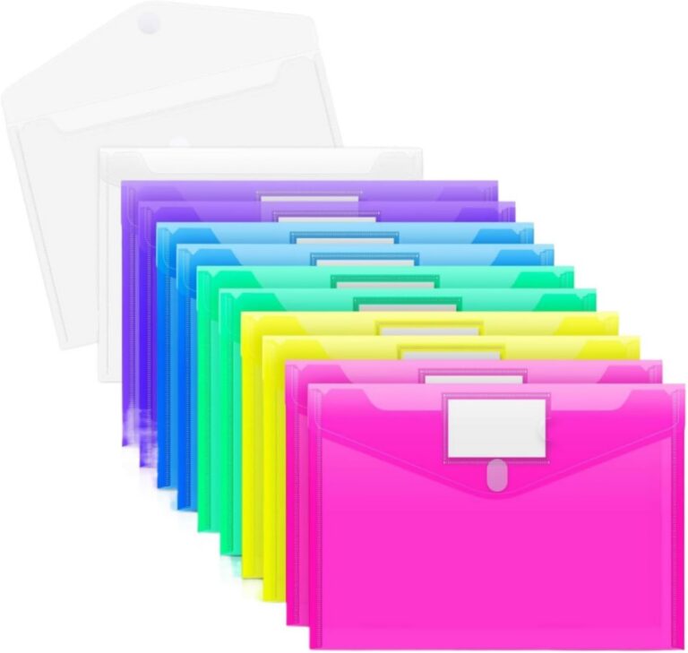12 pcs Plastic File Folders, A4 Paper Size Waterproof File Envelopes with Snap Button for School Home Work Office Organization (Paste Button 12 Pack)