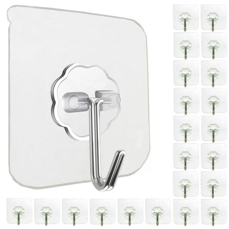 24 Pack Wall Hooks for Hanging 33lb(Max) Heavy Duty Self Adhesive Hooks Transparent Waterproof Sticky Hooks for Keys Bathroom Shower Outdoor Kitchen Door Home Improvement...