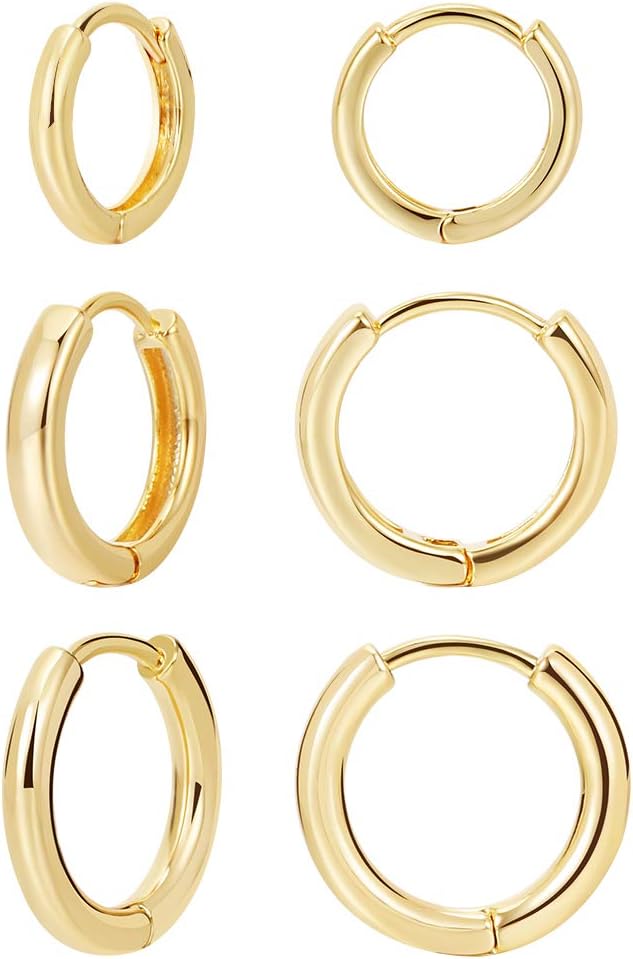 3 Pairs 14K Gold Plated Huggie Hoop Earrings for Women, Minimalist Gold Huggie Hoop Earrings, Simple 3 sizes Hoop Earrings for Women Men gift,gold silver rose gold and black,...