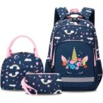 3PCS School Backpack for Girls, Kids Bookbags Set Primary Girls Students (Daypack + Lunch Bag + Pencil Case) (Navy Blue)