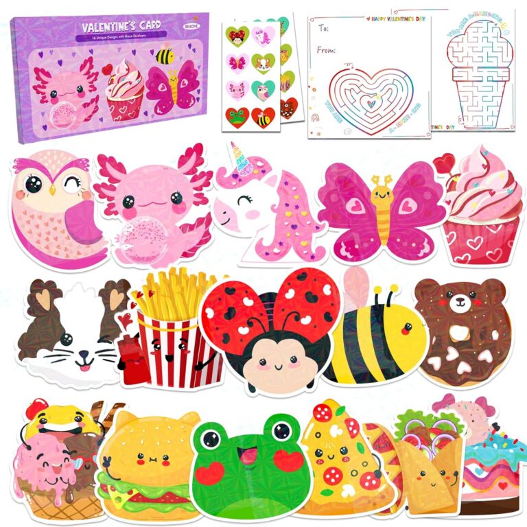 48 Pack Valentines Cards for Kids School Classroom Exchange Cards with Maze Envelopes Heart Stickers 16 Cute Adorable Animal Food Desserts Designs (Cute Valentine)