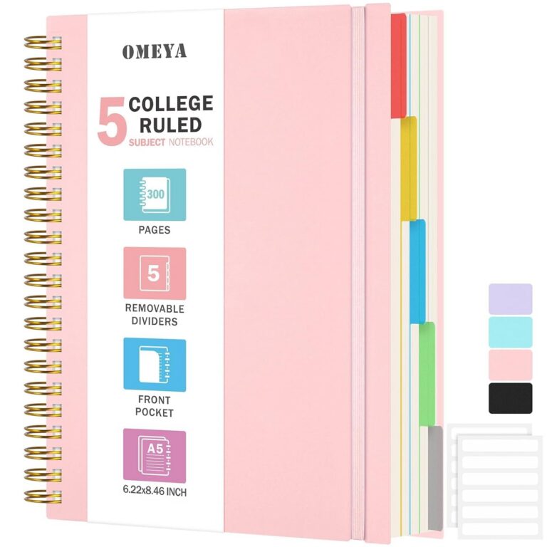 5 Subject Notebooks College Rulled, Spiral Lined Notebook with Removable Dividers, 300 Pages 100GSM Thick Spiral Writing Journal for Women & Men, Large A5 Notebooks for Work,...