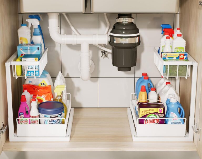 ADRIMER Under Sink Organizer 2 Packs, Pull Out Kitchen Sink Organizer, 2 Tier Slide Out Kitchen Organizers and Storage Metal Under Cabinet Storage Shelf, White