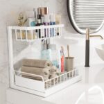 ADRIMER Under Sink Organizer, Pull Out Kitchen Sink Organizer, 2 Tier Slide Out Kitchen Organizers and Storage Metal Under Cabinet Storage Shelf, White