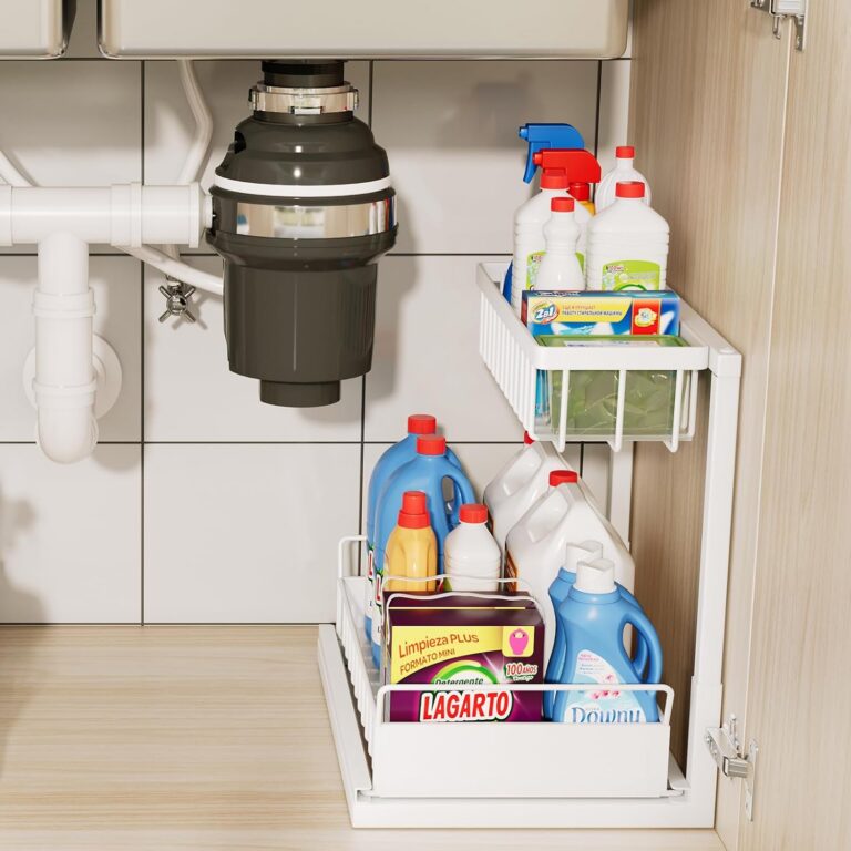 ADRIMER Under Sink Organizer, Pull Out Kitchen Sink Organizer, 2 Tier Slide Out Kitchen Organizers and Storage Metal Under Cabinet Storage Shelf, White