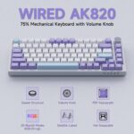 Ajazz AK820 75% Wired Gasket Mechanical Gaming Keyboard with Volume Knob - South Facing LED - PBT Keycaps - Programmable RGB Hot Swap Keyboard (AK820 Purple White Blue)
