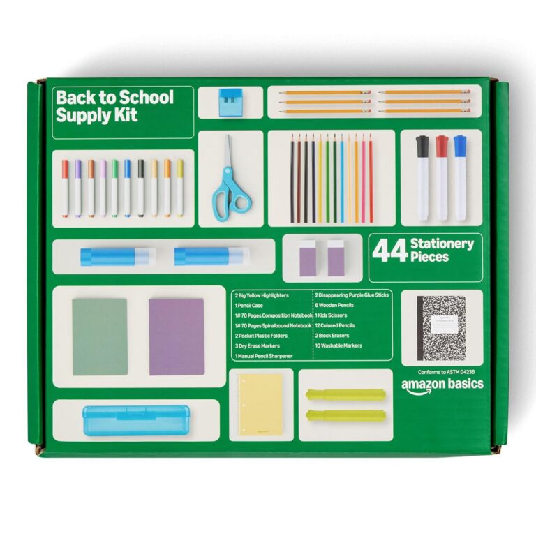 Amazon Basics Back to School Supplies Kit with colored Box, 44 Count, Multicolor