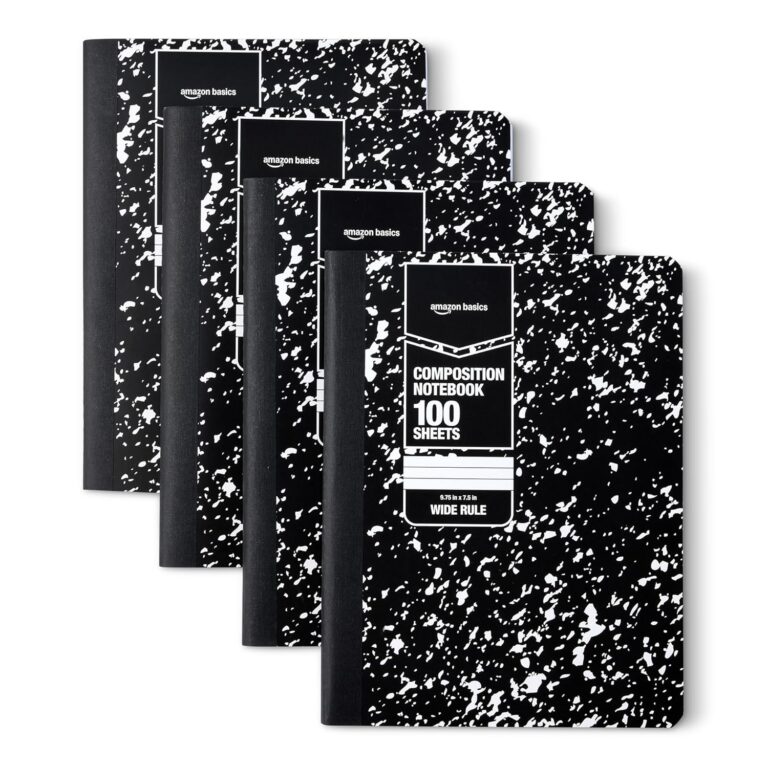 Amazon Basics Composition Notebook, Wide-Ruled, Sturdy Cover with Conversion Charts, for School, Home, and Office Use, 100 Sheets, 4-Pack, Marble Black, 9.75" x 7.5"