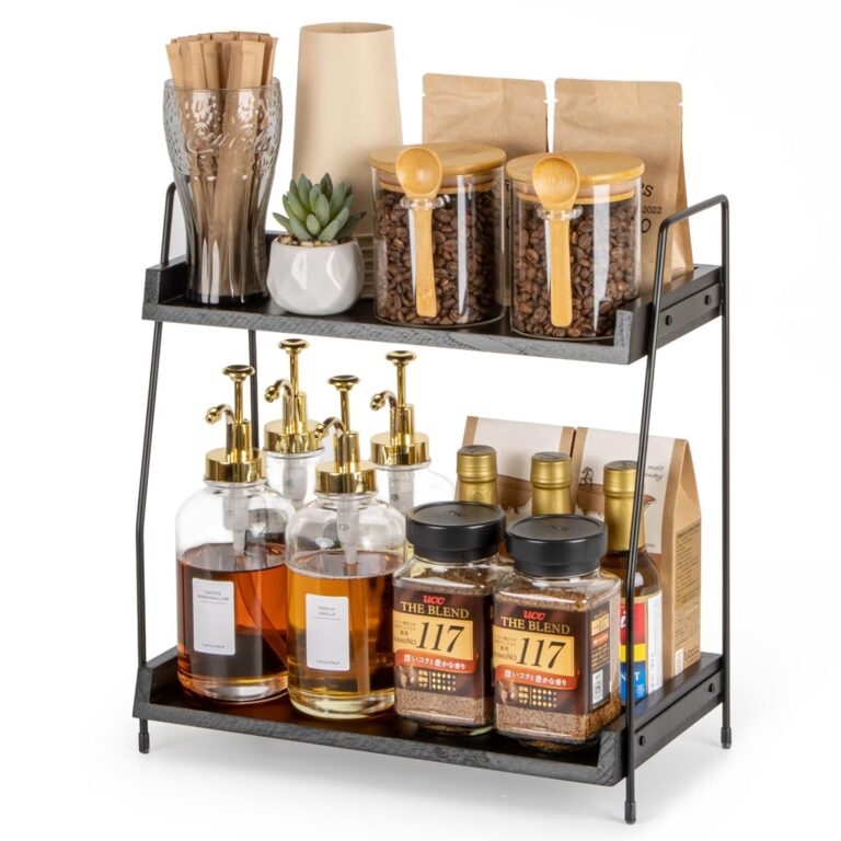 ANBOXIT Coffee Station Organizer for Countertop, 2 Tier Wooden Shelf for Coffee Bar Accessories, Condiment Storage Caddy for Kitchen, Home, Office - Black