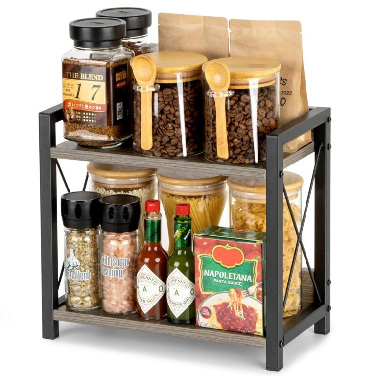 ANBOXIT Coffee Station Organizer, Kitchen Counter Organizer, Wooden Spice Rack for Countertop, 2 Tier Shelf for Countertop, Small Shelf Organizer for Kitchen, Office, Home - Grey