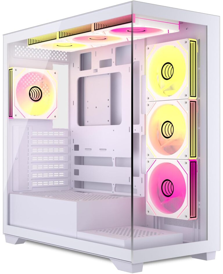 ANSAITE ATX PC Case 7 PWM ARGB Fans Pre-Installed, Mid Tower Computer Case with Full-View Dual Tempered Glass, Type-C Gaming PC Case,White,C9