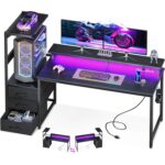 AODK 59 Inch Gaming Desk with USB Charging Ports & LED Light- Reversible Computer Desk with Storage Shelves & Monitor Stand, Modern Gamer Desk Table with Fabric Drawers & Side...