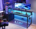 AODK 59 Inch Gaming Desk with USB Charging Ports & LED Light- Reversible Computer Desk with Storage Shelves & Monitor Stand, Modern Gamer Desk Table with Fabric Drawers & Side...