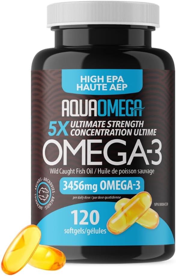 AQUAOMEGA 5x Ultimate Strength High EPA, No Fishy Aftertaste Omega 3 Supplements with DHA & Vitamin D, Fish Oil Omega 3 Fatty Acids for Women & Men, Wild Caught Omega3 Fish Oil,...