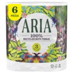 Aria 100% Recycled Toilet Paper, 1 Pack of 6 Rolls, 3 Soft Layers of Bath Tissue with Recyclable Paper Packaging