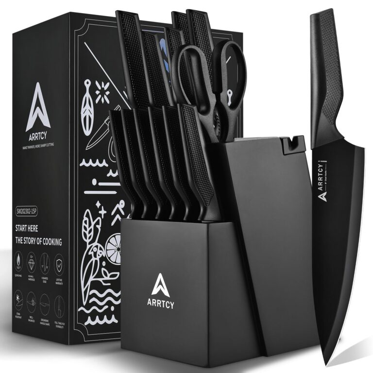Arrtcy Knife Set - Kitchen Knife Set with Built-in Sharpener - Knife Block Set Dishwasher Safe 15 Piece - Anti-Slip Handle - German Stainless Steel - Black,with Gift Box