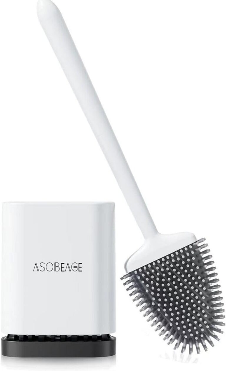 ASOBEAGE Deep Cleaner Toilet Brush: Silicone Toilet Brush with No-Slip Long Plastic Handle and Flexible Bristles, Quick Drying Holder Set for Bathroom（White）