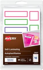 Avery Self-Laminating Waterproof Labels for Kids Gear, Lunch Boxes, 30 Labels, Assorted Colours, Assorted Shapes (2362)