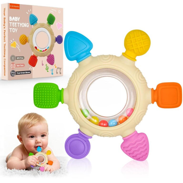 Azrra Baby Teething Toy, Silicone Teething Rattles Ring, BPA Free, Easy to Hold, Baby Sensory Toys 0 3 6 12 Months, Babies Essentials for Newborn Infant Gift