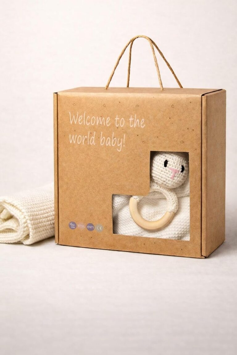 Baby Blanket with Crochet Bunny Rattle – Soft Knitted Organic Cotton Newborn Blanket Set, Perfect for Baby Gift (offwhite with Gift Box)