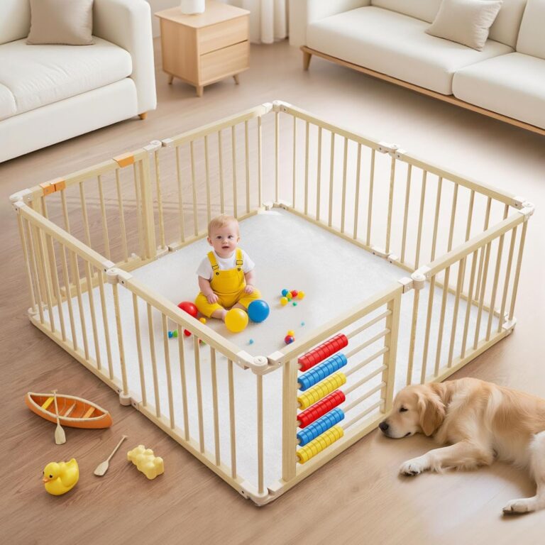 Baby Playpen,Wooden Foldable Playpen For Toddlers and Babies with Locking Gate, 8 Panels Baby Fence, Indoor Play Yard with Abacus, Kids Activity Center