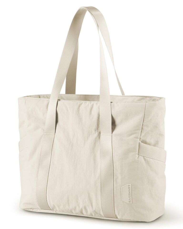 BAGSMART Women Tote Bag Large Shoulder Bag Top Handle Handbag with Yoga Mat Buckle for Gym, Work, Beige,Medium