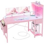 BEXEVUE Gaming Desk 47 inch with Power Outlet and LED Light, Computer Desk with Reversible Shelves and Storage Drawer, Small PC Desk for Home Office Table with Bag, Carbon Pink