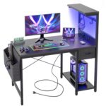 BEXEVUE Gaming Desk 47 inch with Power Outlet and LED Light, Computer Desk with Reversible Shelves and Storage Drawer, Small PC Desk for Home Office Table with Bag, Carbon Fiber