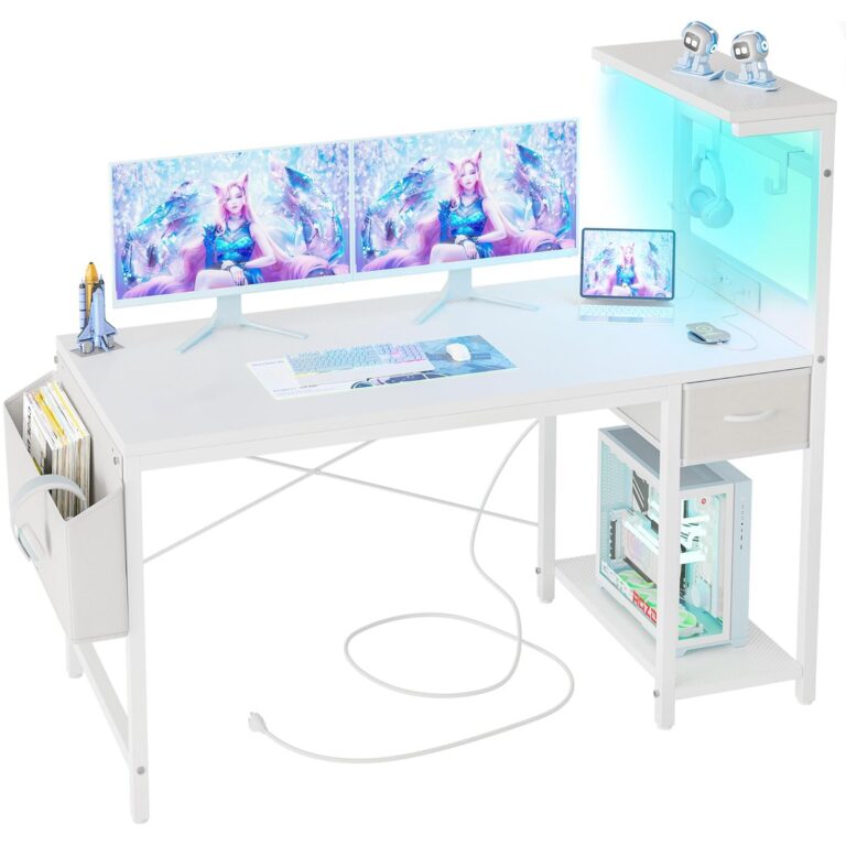 BEXEVUE Gaming Desk 47 inch with Power Outlet and LED Light, Computer Desk with Reversible Shelves and Storage Drawer, Small PC Desk for Home Office Table with Bag, Carbon White