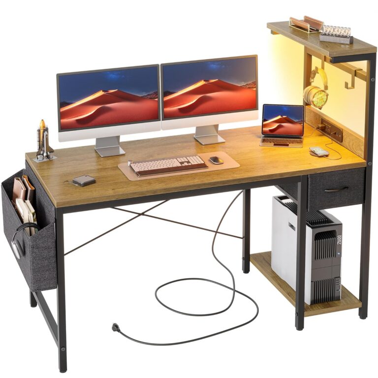 BEXEVUE Gaming Desk 47 inch with Power Outlet and LED Light, Computer Desk with Reversible Shelves and Storage Drawer, Small PC Desk for Home Office Table with Bag, Grey