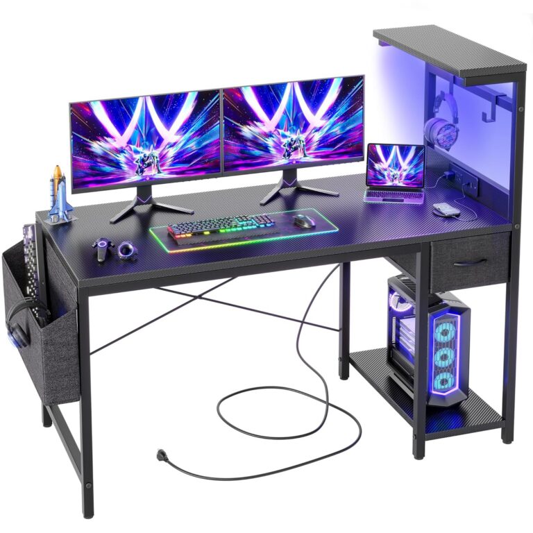 BEXEVUE Gaming Desk 47 inch with Power Outlet and LED Light, Computer Desk with Reversible Shelves and Storage Drawer, Small PC Desk for Home Office Table with Bag, Carbon Fiber