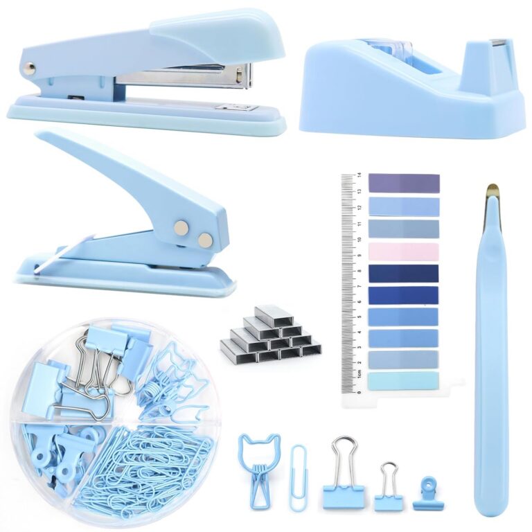 Blue Office Supplies,UPIHO Blue Desk Accessories,Stapler and Tape Dispenser Set for Women with Stapler,Tape Dispenser,Magnetic Staple Remover,Staples,Clips,Hole Punch and...