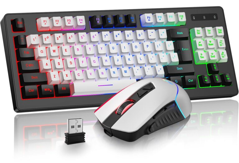 BlueFinger Wireless Gaming Keyboard and Mouse, Rechargeable Rainbow Backlit Wireless Keyboard and Ergonomic Light Up Mouse Combo for Windows, Mac, PC, Laptop