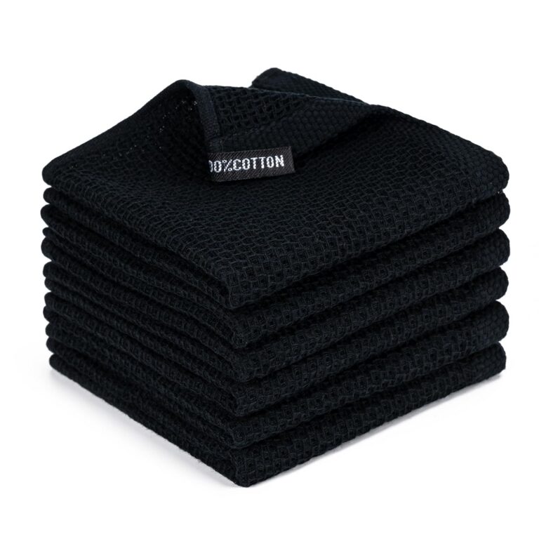 BOOMIBOO Cotton Kitchen Dish Towels, 12" x 12", 6 Pack, 100% Cotton Waffle Weave, Soft Absorbent, Black, Quick Drying Dish Towels