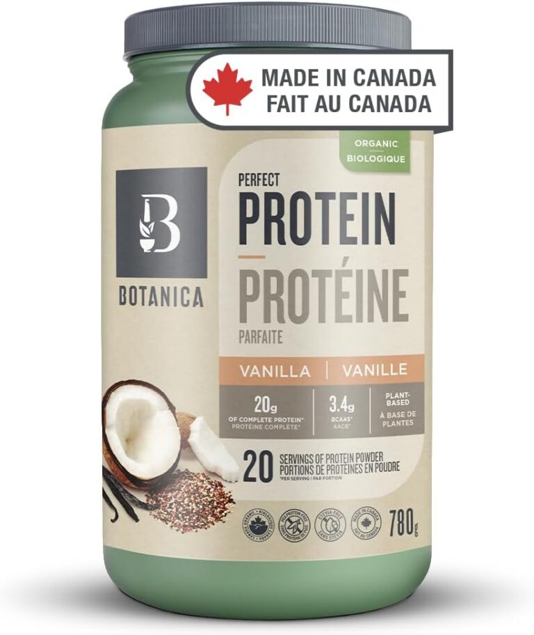 Botanica Organic Vegan Perfect Protein Powder – Made in Canada, Gluten Free, Stevia & Sugar Free – 20 g per Serving + 3.4 g BCAAs, Vanilla, 780 g, 20 Servings
