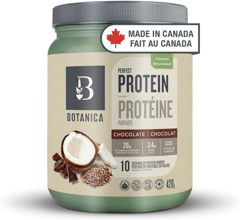 Botanica Organic Vegan Perfect Protein Powder – Made in Canada, Gluten Free, Stevia & Sugar Free – 20 g per Serving + 3.4 g BCAAs, Chocolate, 420 g, 10 Servings