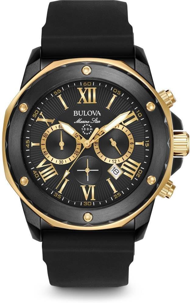 Bulova Men's Marine Star Chronograph Silicone Strap Watch, Black IP and Gold Tone (Model: 98B278)