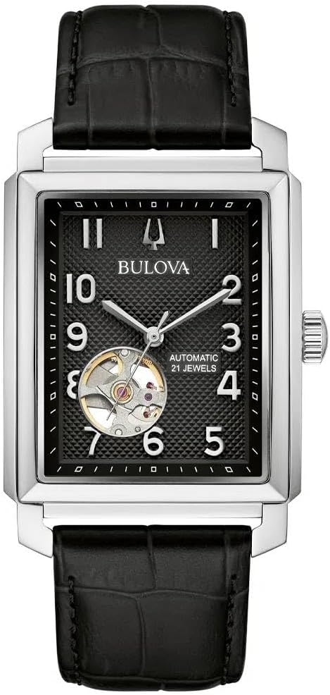 Bulova Men's Sutton Open Heartbeat Black Dial Black Leather Strap Watch (96A269)