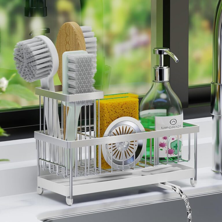 Cartilage Sponge Holder for Kitchen Sink,Sink Caddy Storage with High Brush Holder,Kitchen Sink Organizer for Dish Rack,RustProof 304 Stainless Steel with Auto Draining Tray and...