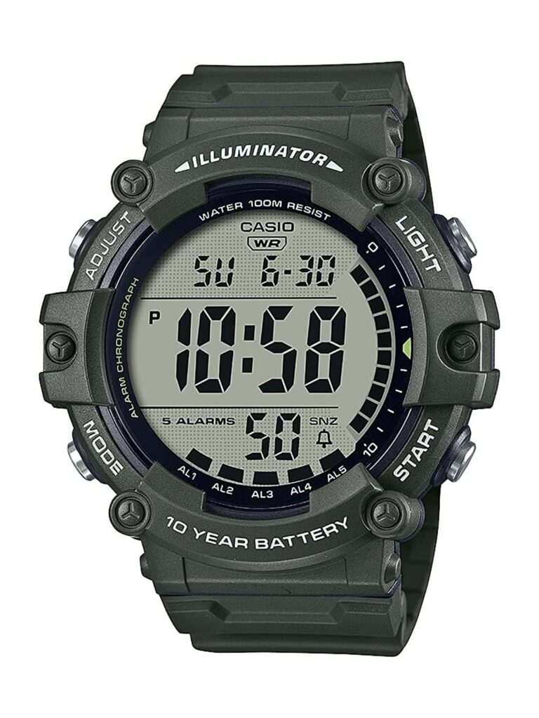 Casio Illuminator 10-Year Battery Extra Long Strap 100 M Water Resistance 5-Alarm w/Countdown Timer Men's Digital Watch, Green, AE-1500WHX-3AVCF, Green, Sport