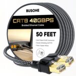 Cat 8 Ethernet Cable 50FT, BUSOHE 40Gbps 2000Mhz High Speed Braided Network Internet Cable with Gold Plated RJ45 Connector, Heavy Duty Patch Cord LAN Cable 30 Clips,S/FTP Indoor...