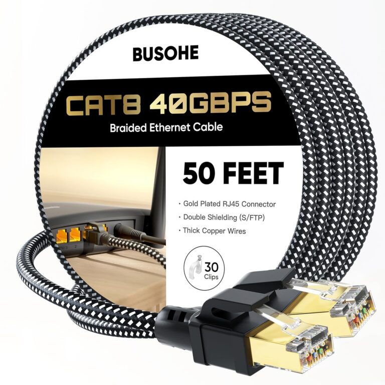 Cat 8 Ethernet Cable 50FT, BUSOHE 40Gbps 2000Mhz High Speed Braided Network Internet Cable with Gold Plated RJ45 Connector, Heavy Duty Patch Cord LAN Cable 30 Clips,S/FTP Indoor...