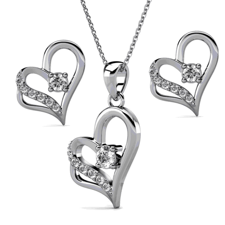 Cate & Chloe Kara 18k White Gold Plated Silver Heart Jewelry Set with Swarovski Crystals for Women