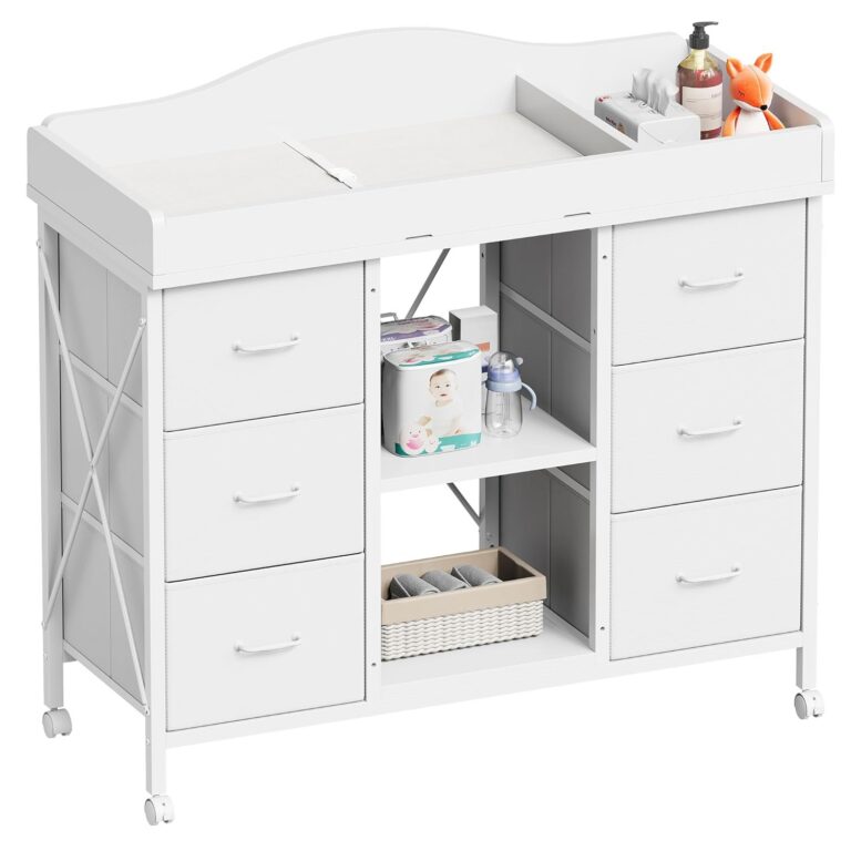 Changing Table, 6-Drawer Baby Dresser with Changing Table top, Waterproof Diaper Changing Station & Pad, 2 Height-Adjustable Open Storage Shelves, Mobile Nursery Organizer, White