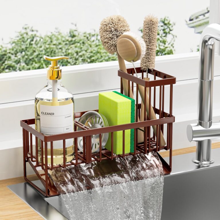 Cisily Kitchen Sink Caddy - Sponge Holder and Organizer with High Brush Holder, Rustproof 304 Stainless Steel Sink Accessories (Brown)