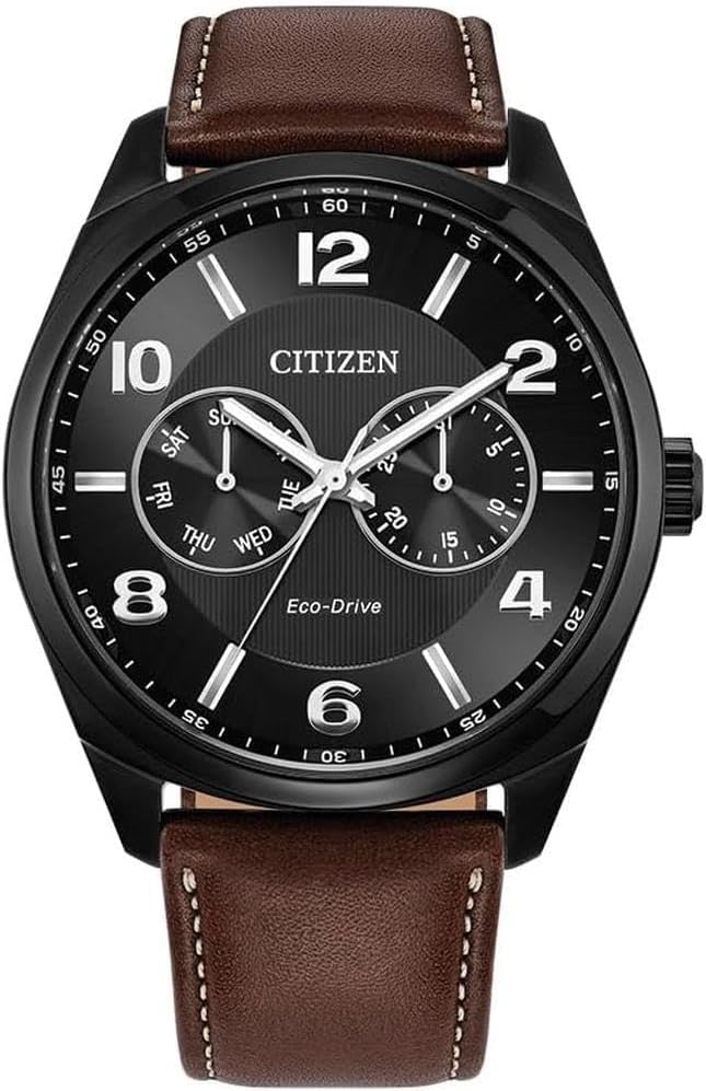 Citizen Mens Corso Eco-Drive Watch 44mm Black Stainless Steel Case Brown Leather Strap with Black Dial (AO9028-07E)