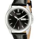 Citizen Quartz Men's Watch, Stainless Steel with Leather strap, Casual, Black (Model: BF0580-06E)