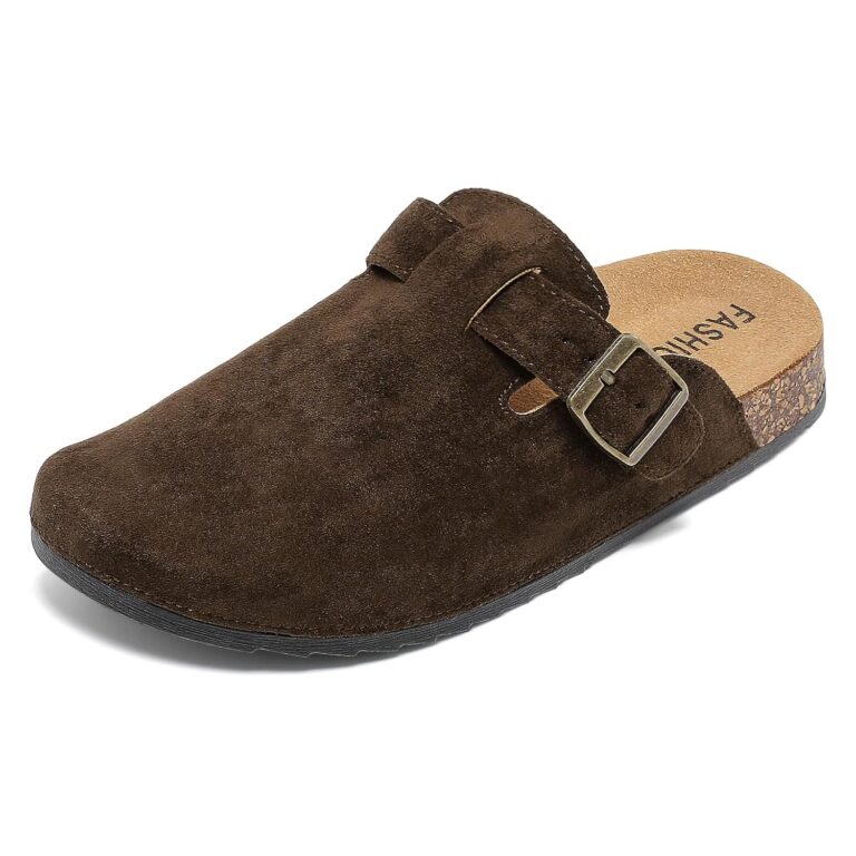 CKWLXQY Suede Clogs Women Unisex Leather Mules Men Soft Cork Footbed Adjustable Buckle Slip Closed Toe Sandals Potato Shoes with Arch Support